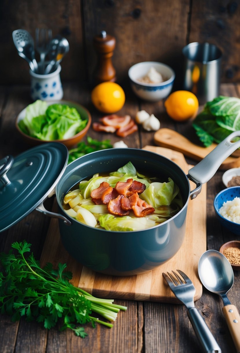 A rustic kitchen with a pot simmering bacon and cabbage, surrounded by fresh ingredients and cooking utensils