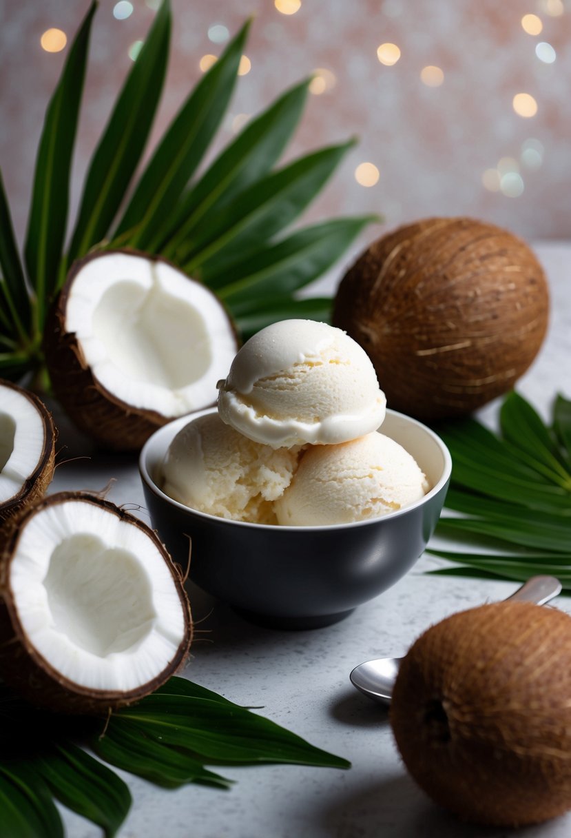 A bowl of creamy coconut milk ice cream surrounded by fresh coconut and tropical leaves