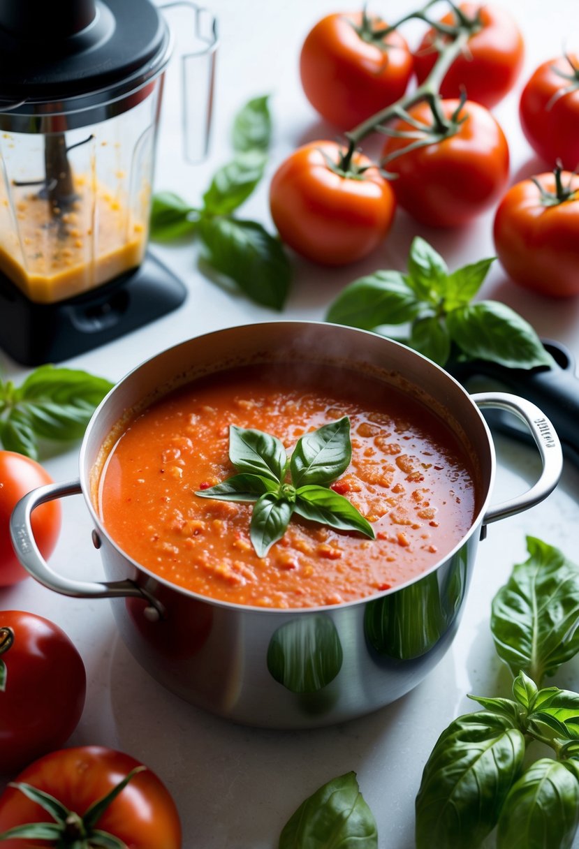 A pot of tomato basil bisque simmers on the stove, surrounded by fresh tomatoes, basil leaves, and a blender ready to puree for a liquid diet