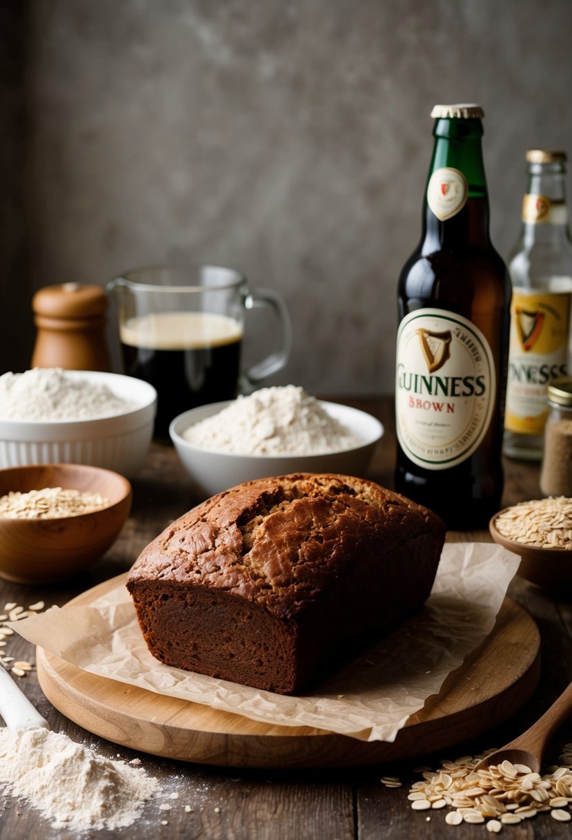 A rustic kitchen scene with a loaf of freshly baked Guinness Brown Bread, surrounded by ingredients like flour, oats, and a bottle of Guinness