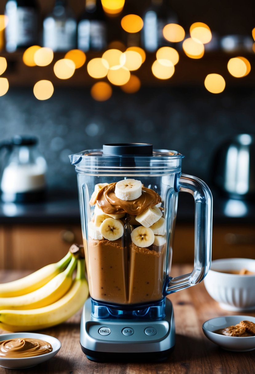 A blender filled with banana, peanut butter, and liquid ingredients