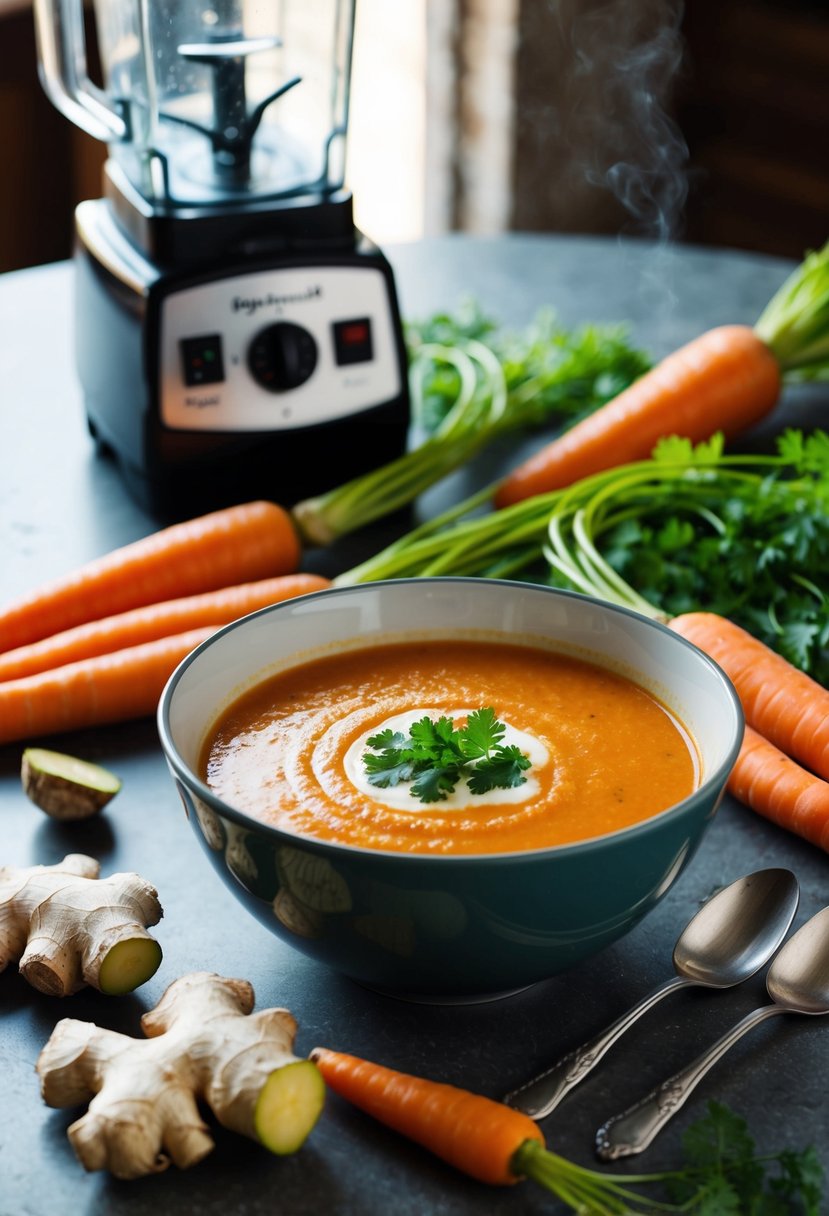 A steaming bowl of carrot ginger soup sits on a table, surrounded by fresh carrots and ginger. A blender and a wire jaw shut are nearby