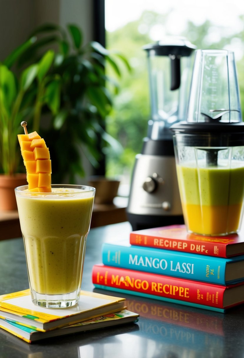 A glass of mango lassi sits beside a stack of recipe books, with a jaw wired shut and a blender in the background for a liquid diet