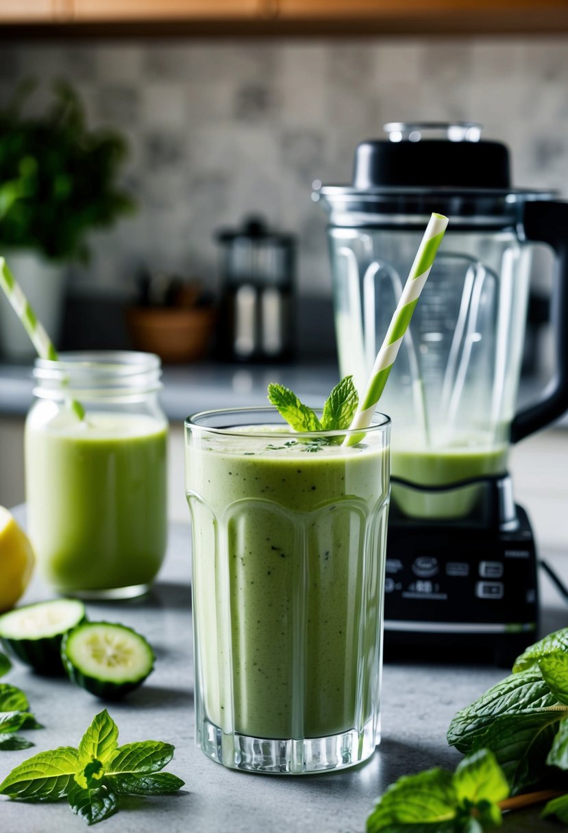 A glass of cucumber mint smoothie with a straw, surrounded by ingredients and a blender on a kitchen counter