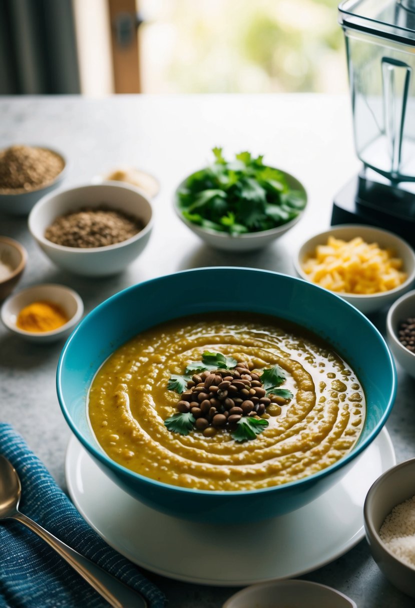 A steaming bowl of blended lentil soup sits on a table, surrounded by a variety of ingredients and a blender