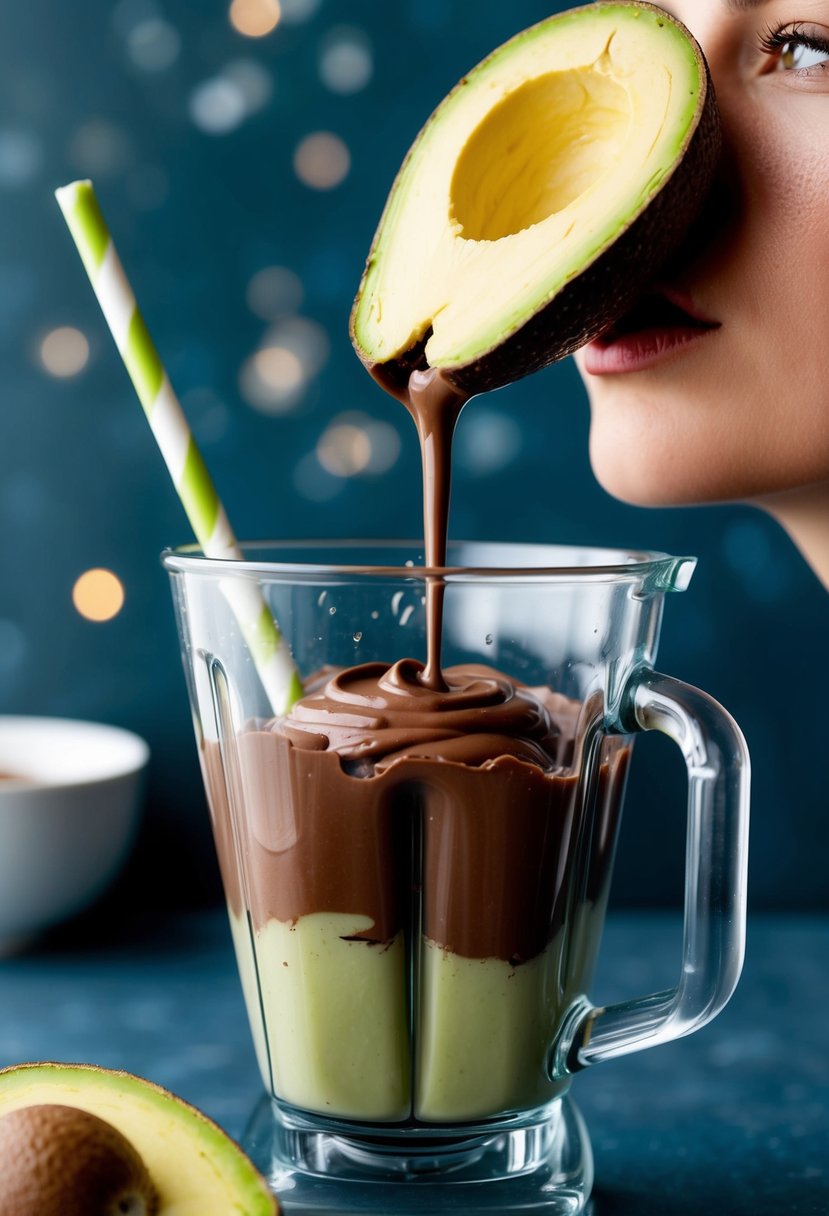 A blender whirs as ripe avocados and rich chocolate are mixed into a smooth mousse. A person's mouth is wired shut, sipping the liquid through a straw