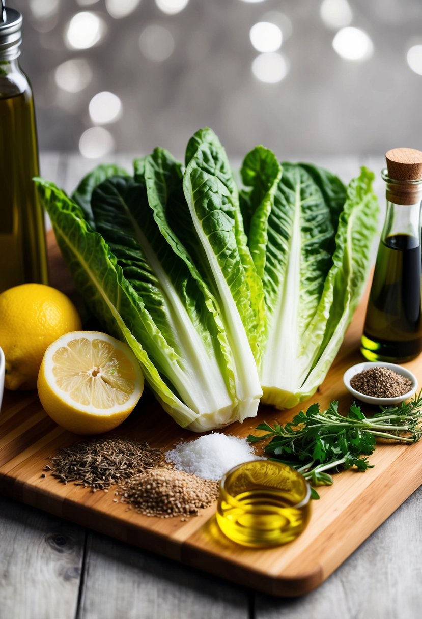 A wooden cutting board with fresh hearts of romaine, a lemon, olive oil, and various herbs and spices laid out for a salad recipe