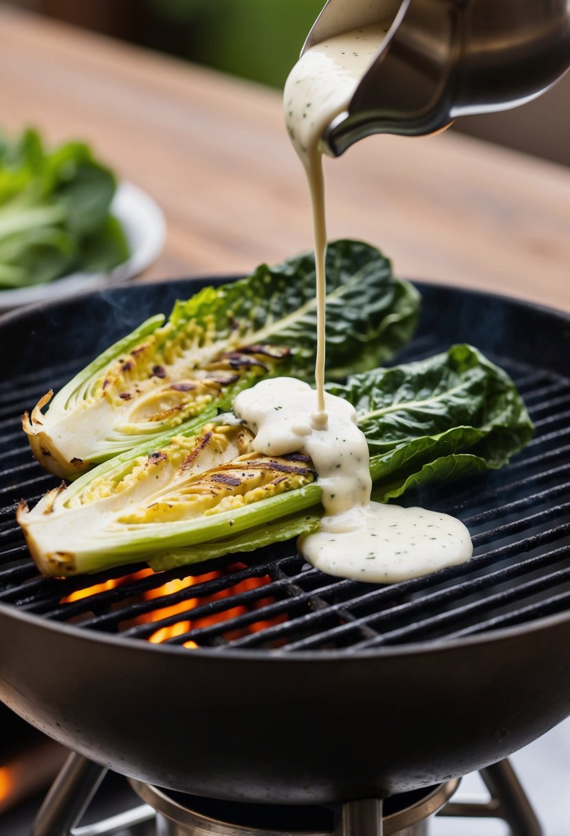 A sizzling grill chars the crisp romaine hearts, while a creamy Caesar dressing is drizzled over the top