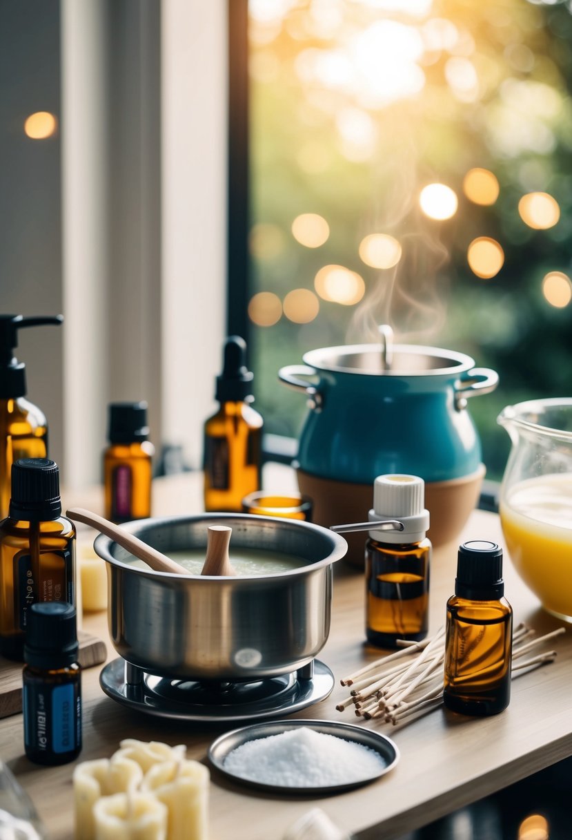 A table with various essential oil bottles, a mixing bowl, and a double boiler surrounded by candle molds and wicks