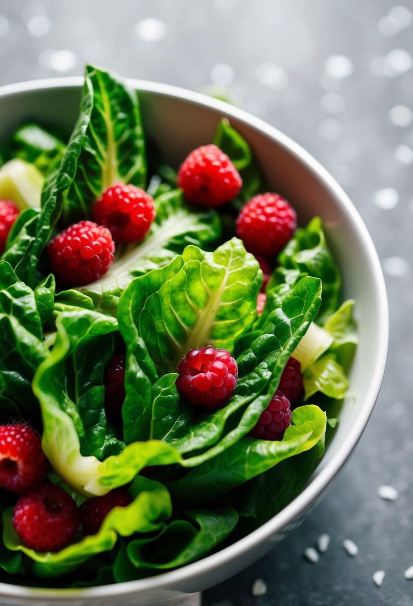 A bowl of vibrant green romaine lettuce leaves mixed with juicy red berries, creating a fresh and colorful salad