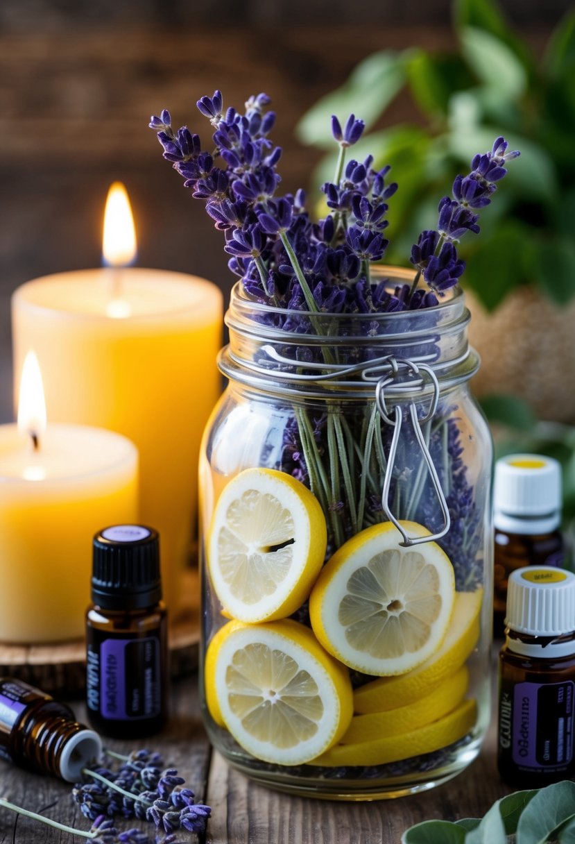 A glass jar filled with lavender and lemon slices, surrounded by candles and essential oil bottles