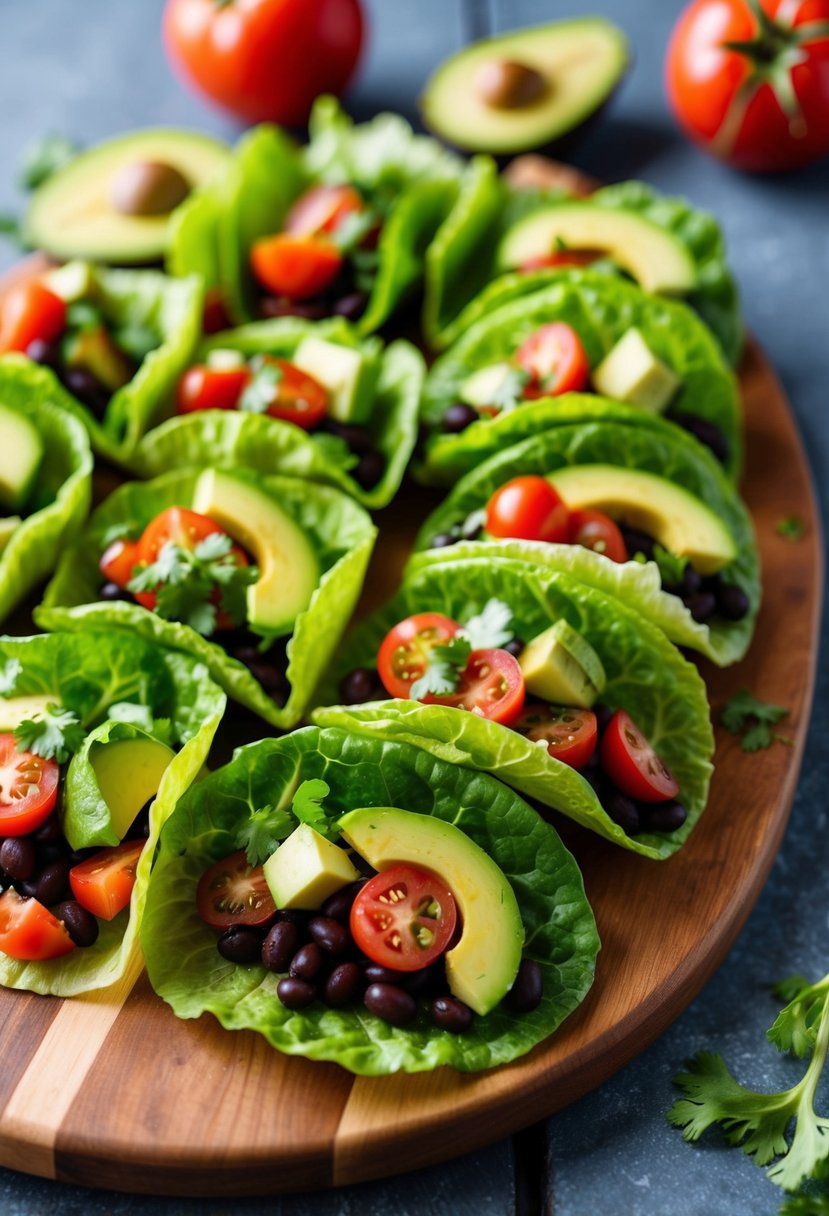 A colorful array of romaine lettuce tacos filled with vibrant ingredients like tomatoes, avocado, and black beans, arranged on a wooden serving board