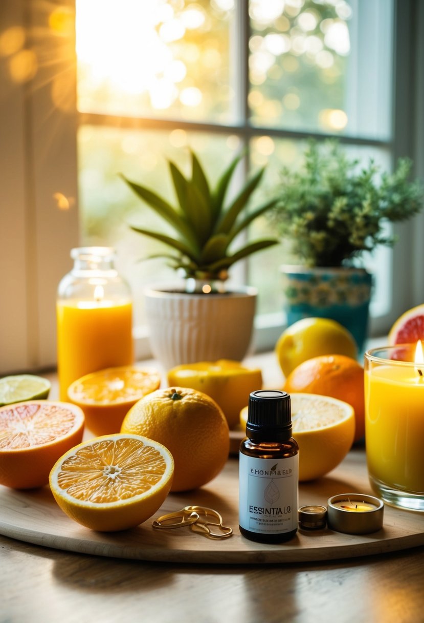 A table with various citrus fruits, a bottle of essential oil, and candle-making supplies. Sunlight streams through a window, casting a warm glow on the scene