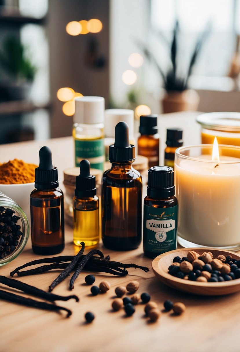 A table with various essential oils, vanilla beans, and spices arranged next to candle-making supplies