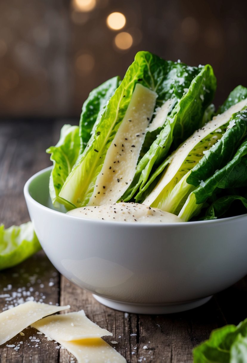 A bowl of hearts of romaine lettuce drizzled with Parmesan vinaigrette, garnished with shavings of Parmesan cheese and freshly cracked black pepper