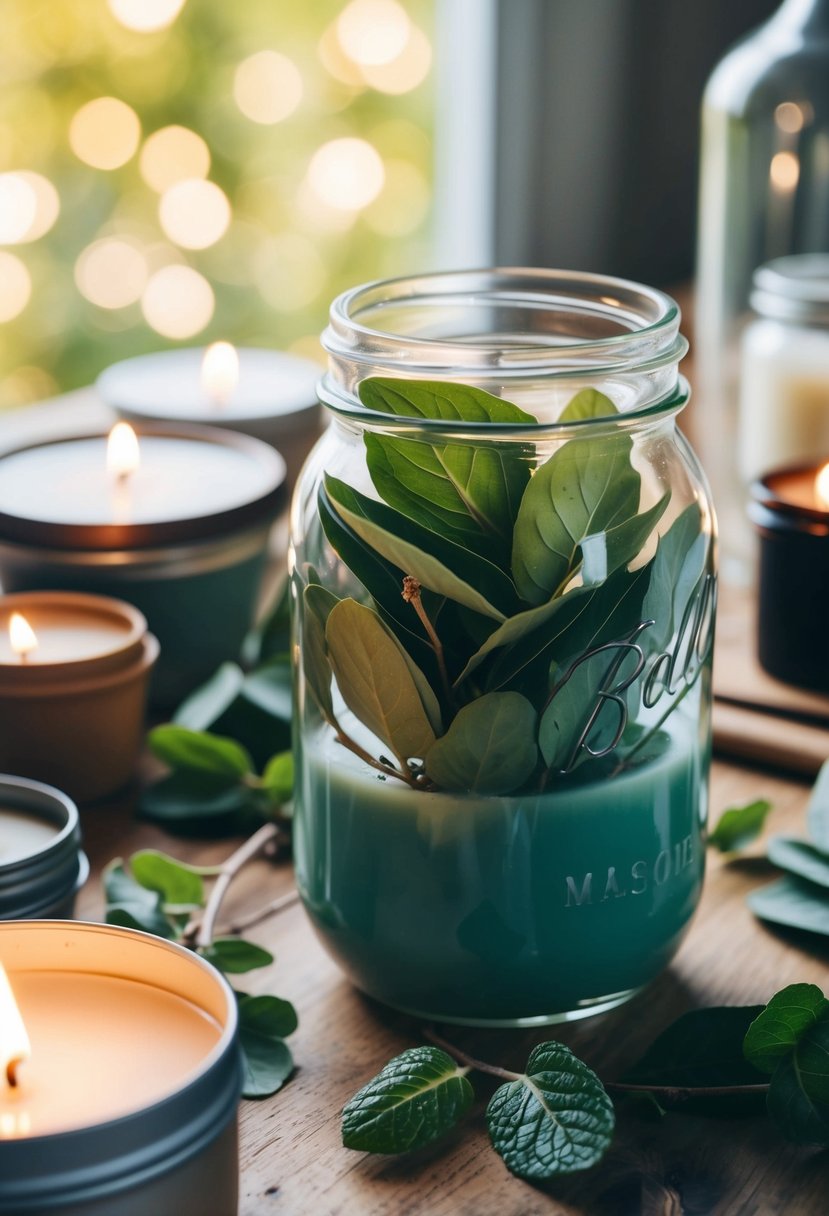 A glass jar filled with eucalyptus leaves and mint sprigs, surrounded by various candle-making supplies on a wooden table