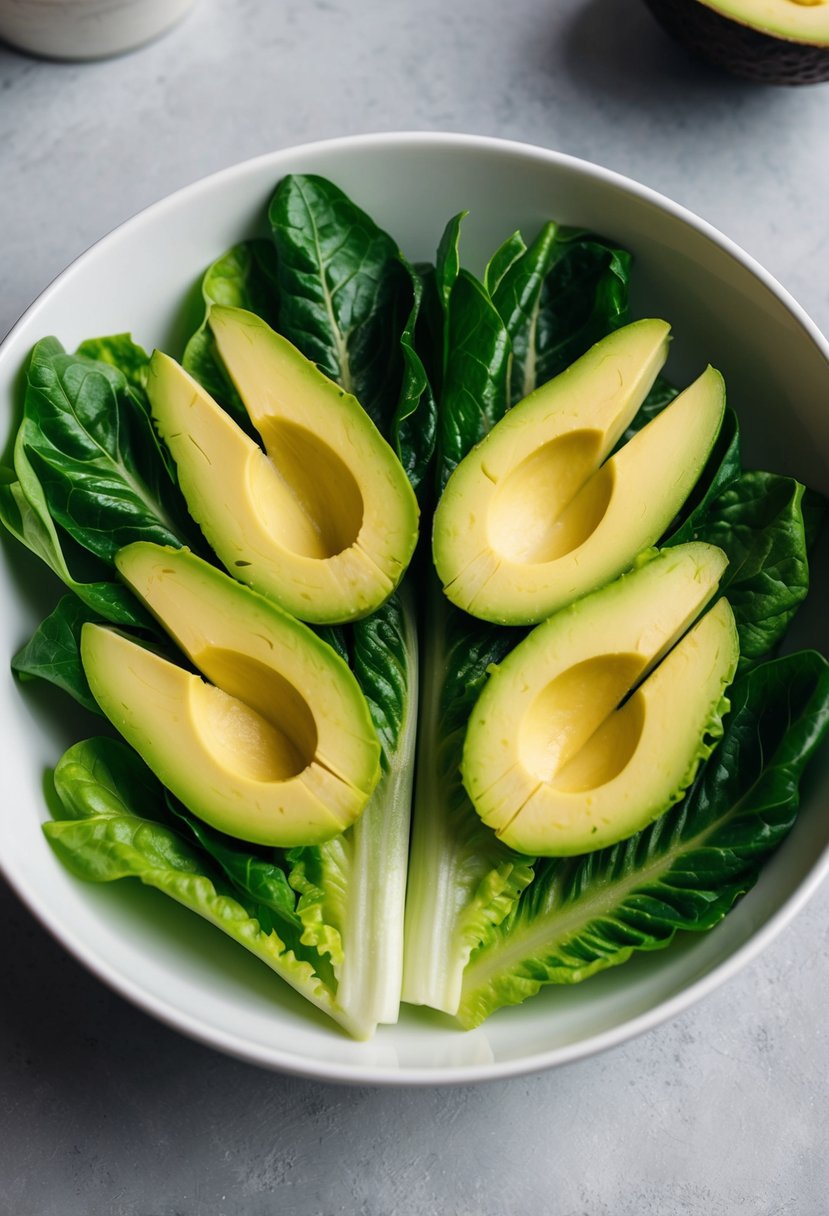 A bowl of fresh romaine and avocado salad, with vibrant green leaves and creamy slices of avocado, arranged in a heart shape