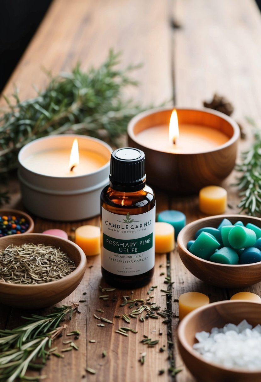 A wooden table with a variety of candle-making supplies, including a bottle of Rosemary-Pine Uplift essential oil, surrounded by dried herbs and colorful wax pellets