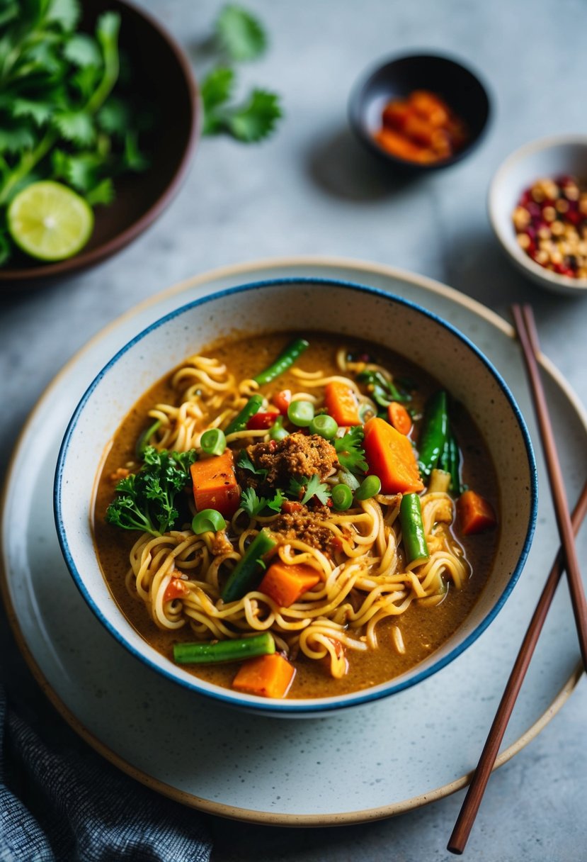 A steaming bowl of noodle curry with vibrant vegetables and aromatic spices