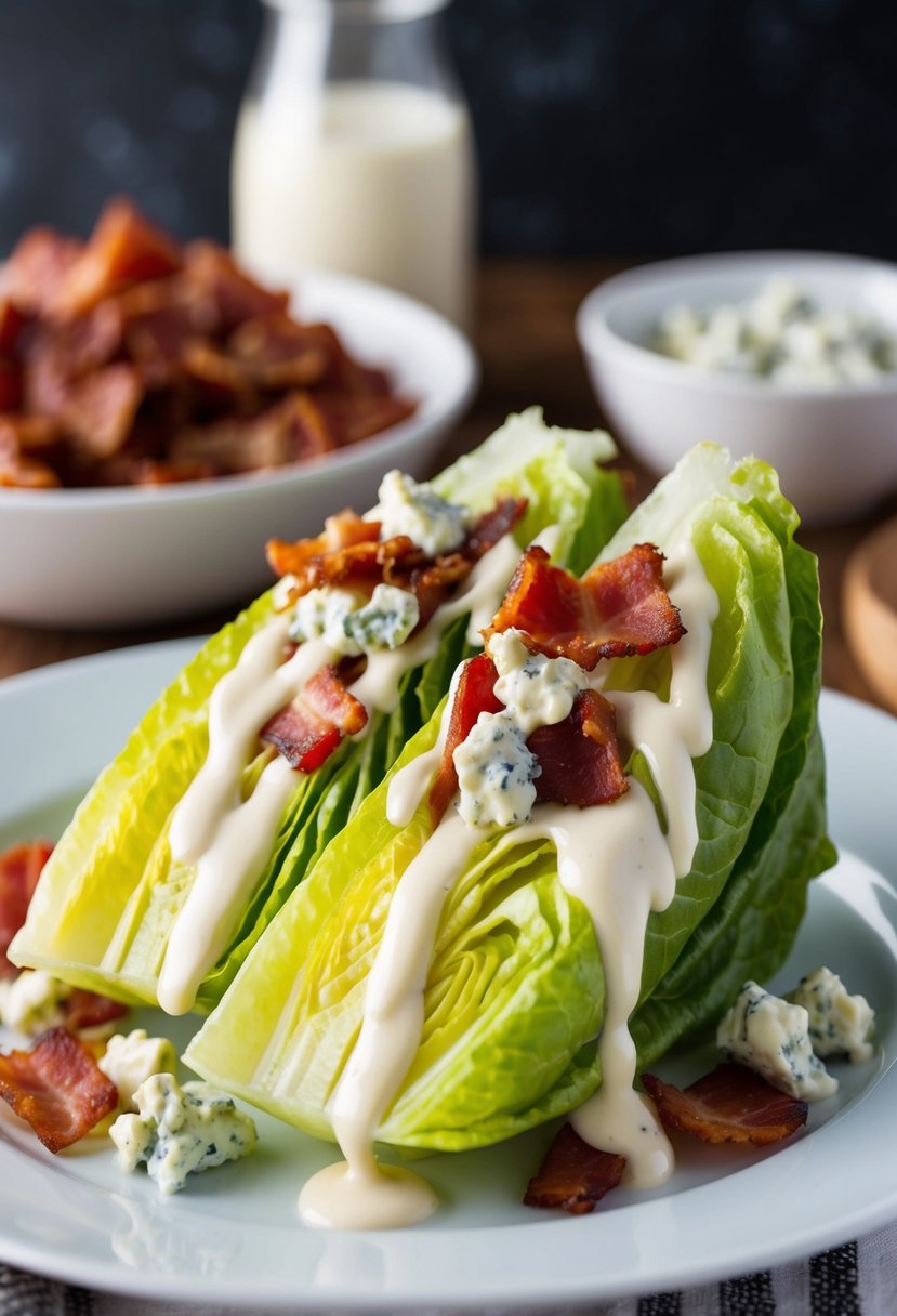 A classic wedge salad with crisp romaine hearts, drizzled with creamy dressing and topped with crispy bacon and tangy blue cheese crumbles