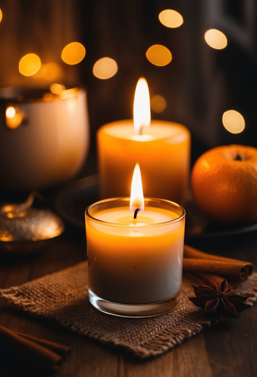 A warm, cozy room with a flickering candle and the scent of cinnamon and orange filling the air