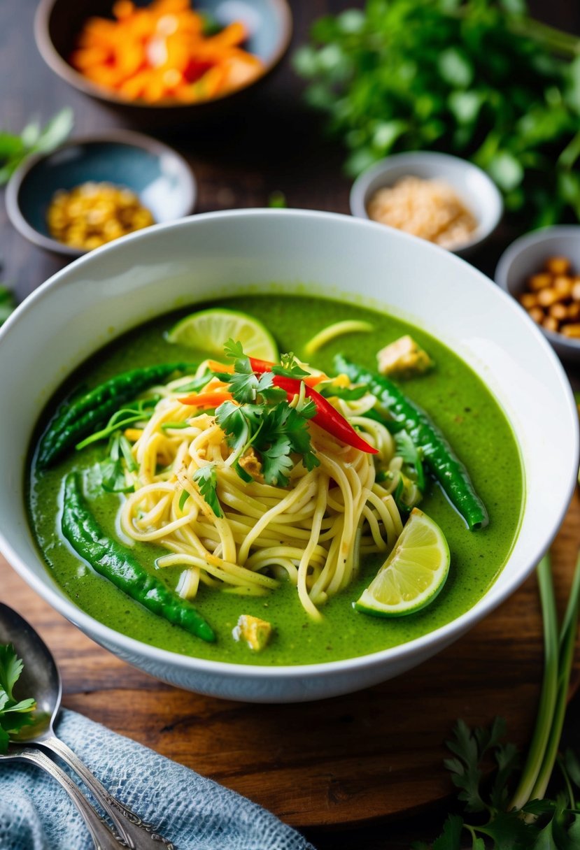 A steaming bowl of Thai green curry noodles with vibrant green broth, tender noodles, and an array of colorful vegetables and herbs