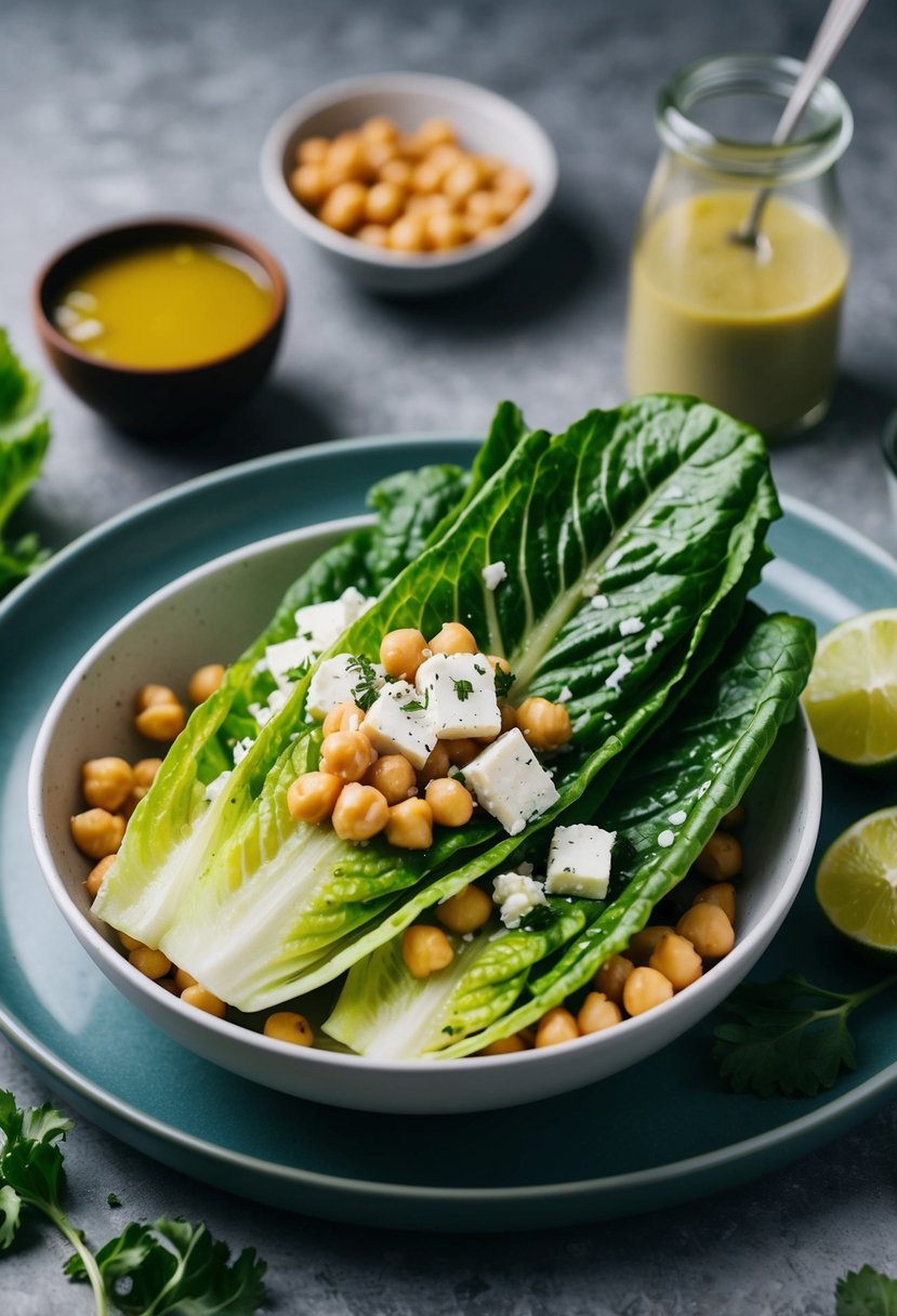 A bowl of romaine leaves topped with feta cheese and chickpeas, surrounded by fresh ingredients and a simple dressing