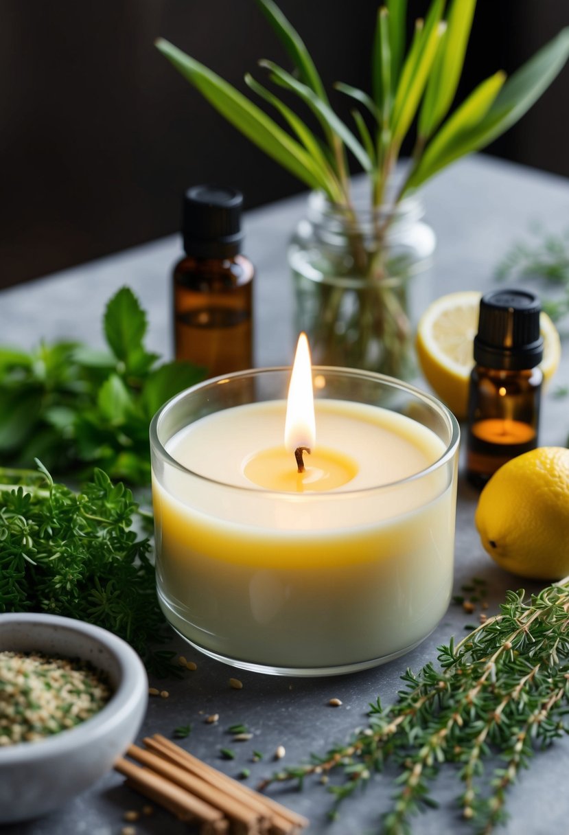 A serene candle-making setup with lemongrass and tea tree essential oils, surrounded by fresh herbs and natural ingredients