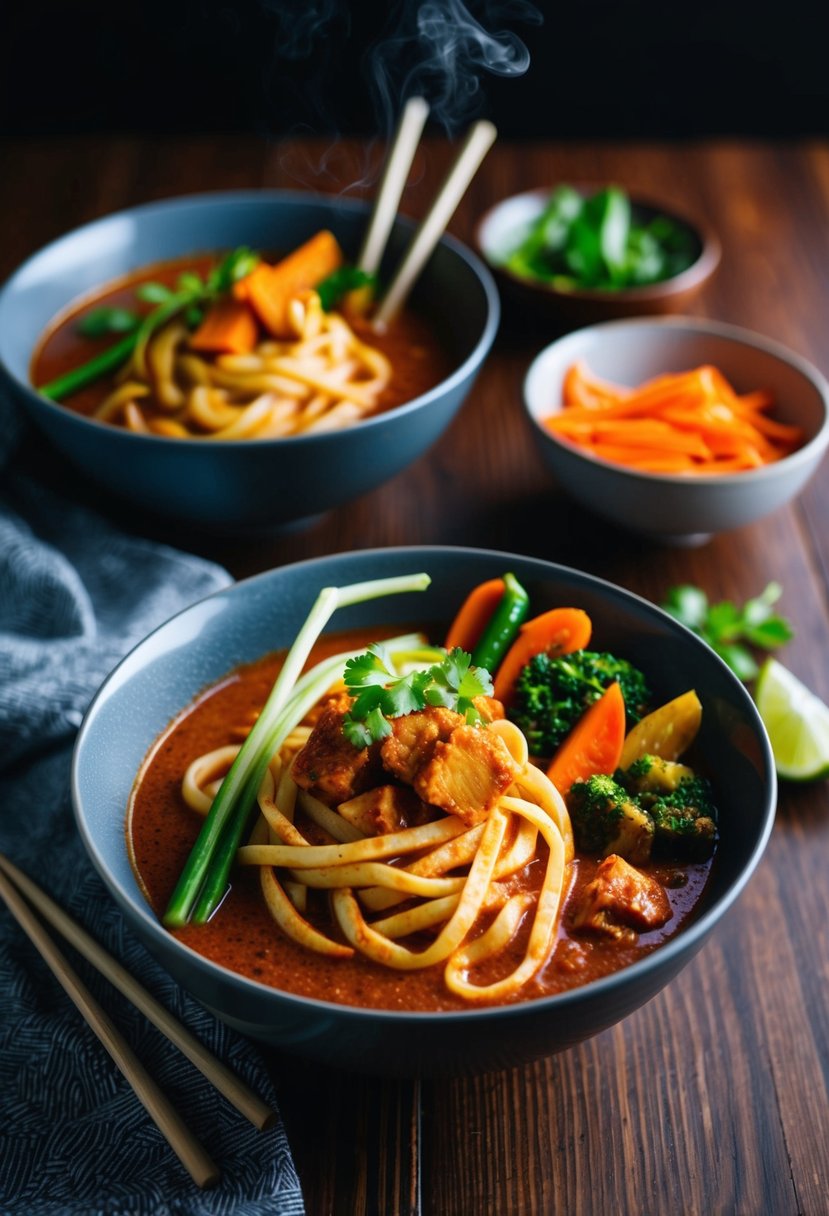 A steaming bowl of red curry udon noodles with vibrant vegetables and a rich, spicy sauce