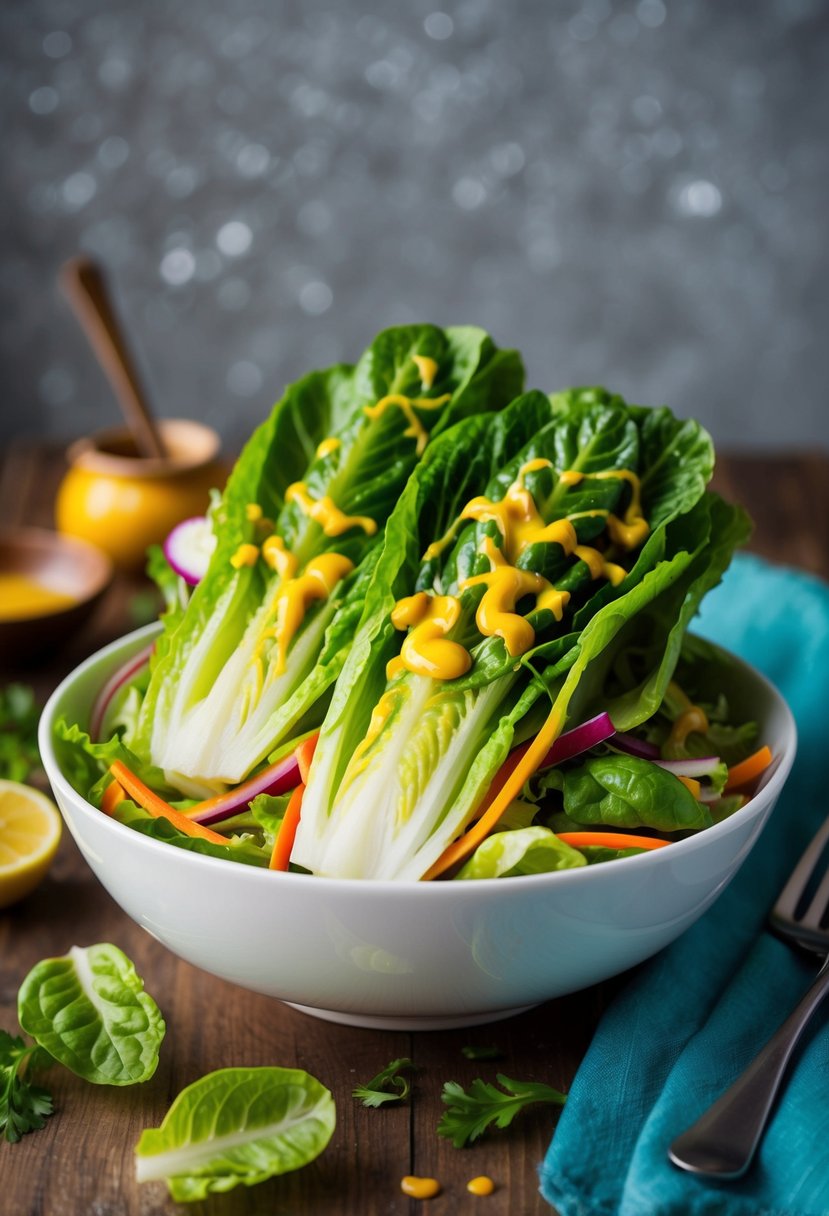 A bowl of Thai Romaine Salad with vibrant green hearts of romaine, tossed with colorful vegetables and drizzled with a zesty dressing