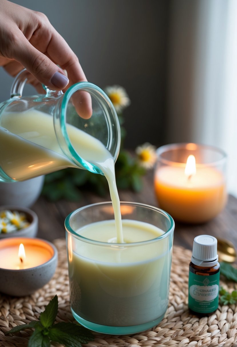 A calming blend of peppermint and chamomile essential oils being poured into a candle wax mixture in a serene and cozy setting