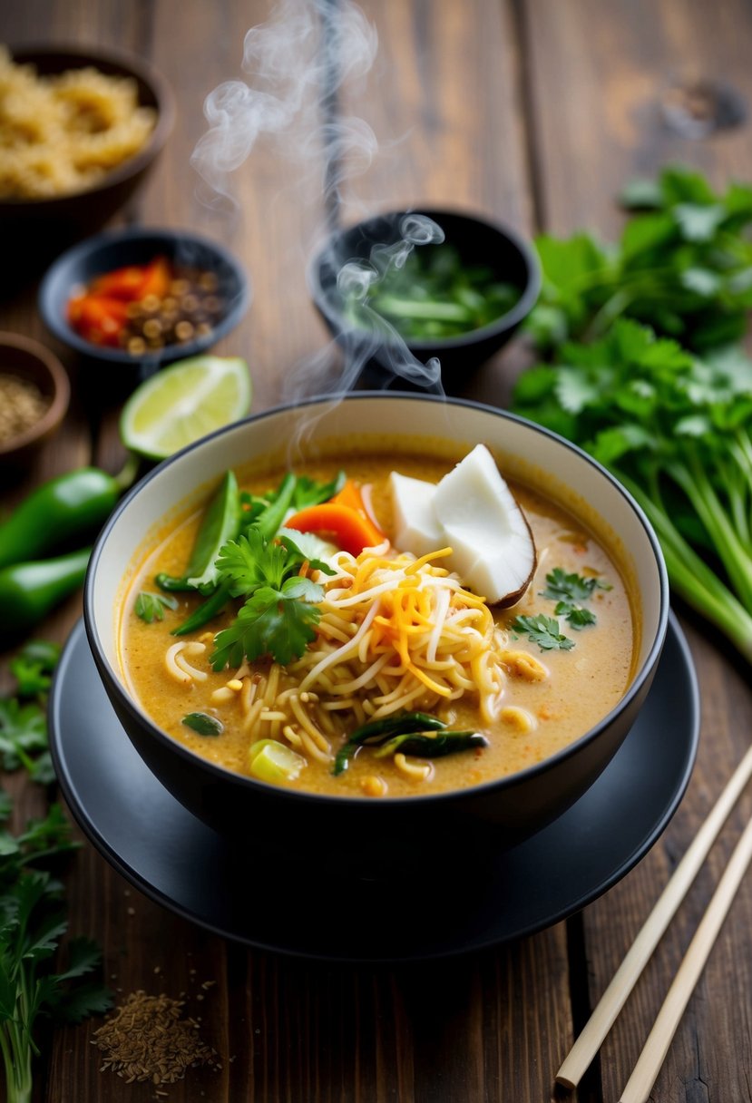 A steaming bowl of coconut curry ramen sits on a wooden table, surrounded by fresh vegetables, herbs, and spices