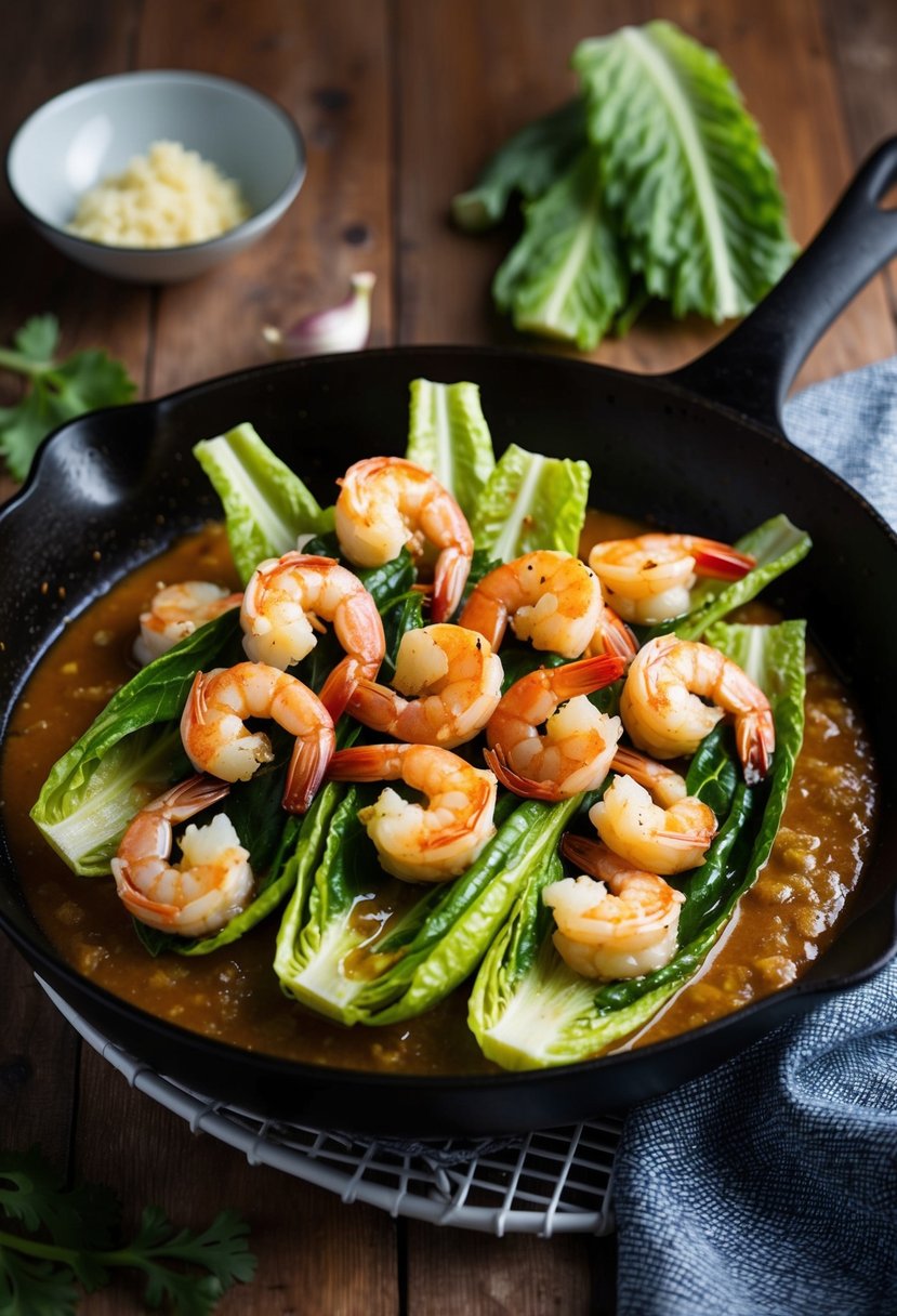 A sizzling skillet of garlic shrimp nestled on a bed of crisp romaine hearts, drizzled with a savory sauce