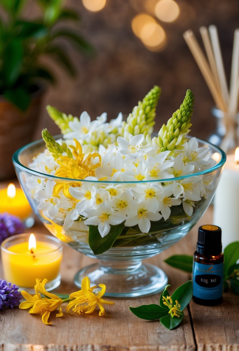 A glass bowl filled with jasmine and ylang-ylang flowers, surrounded by candle-making supplies and a bottle of essential oil