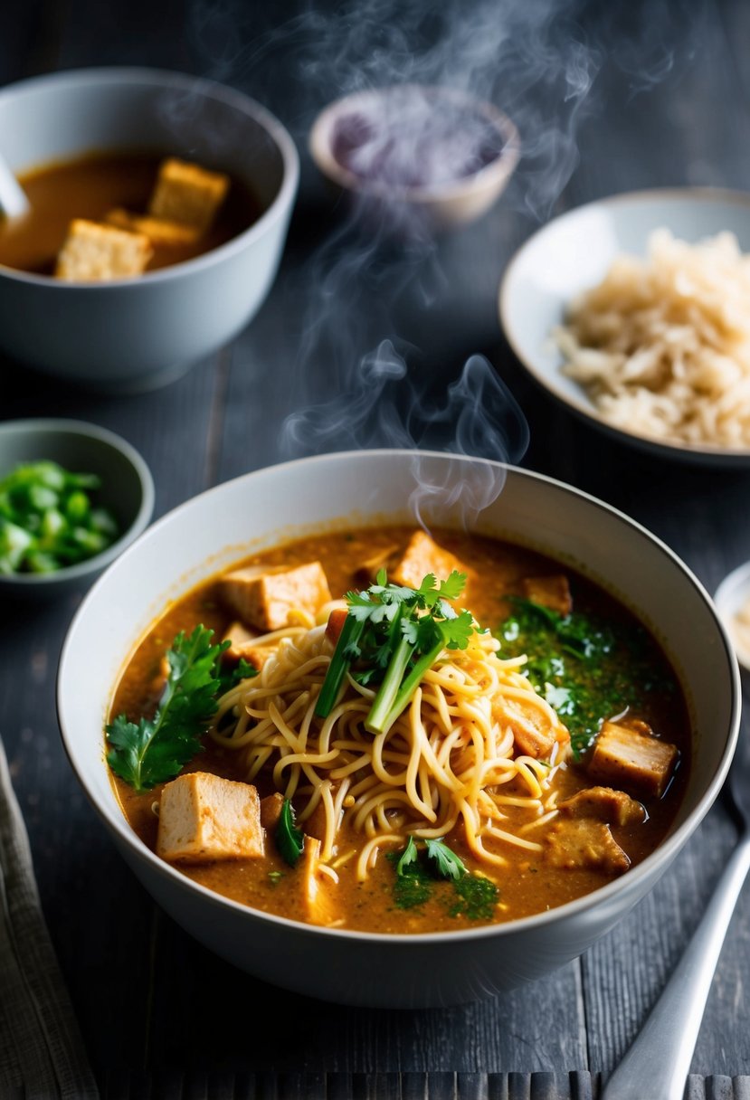 A steaming bowl of Malaysian Laksa Noodles with a rich, fragrant curry broth, topped with vibrant herbs and tender pieces of meat or tofu