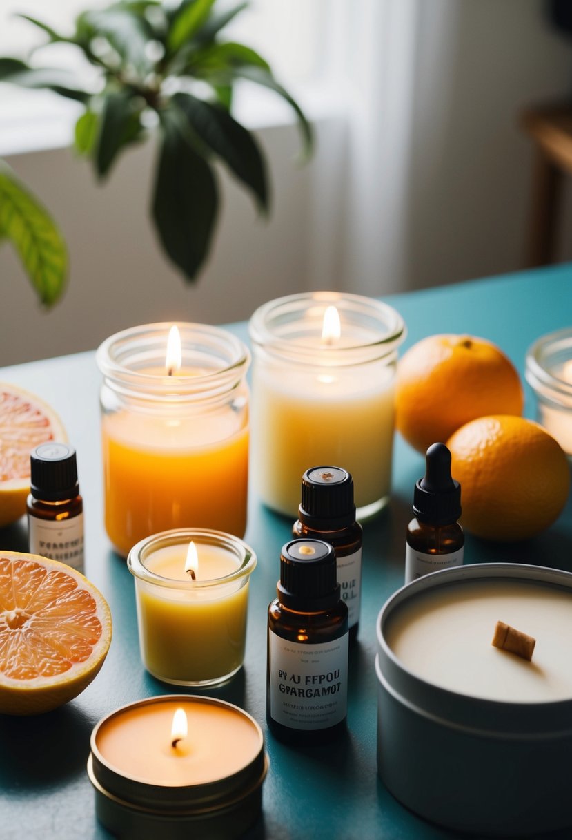 A table with various candle-making supplies: grapefruit and bergamot essential oils, wax, wicks, and glass jars. A soft, citrusy scent fills the air