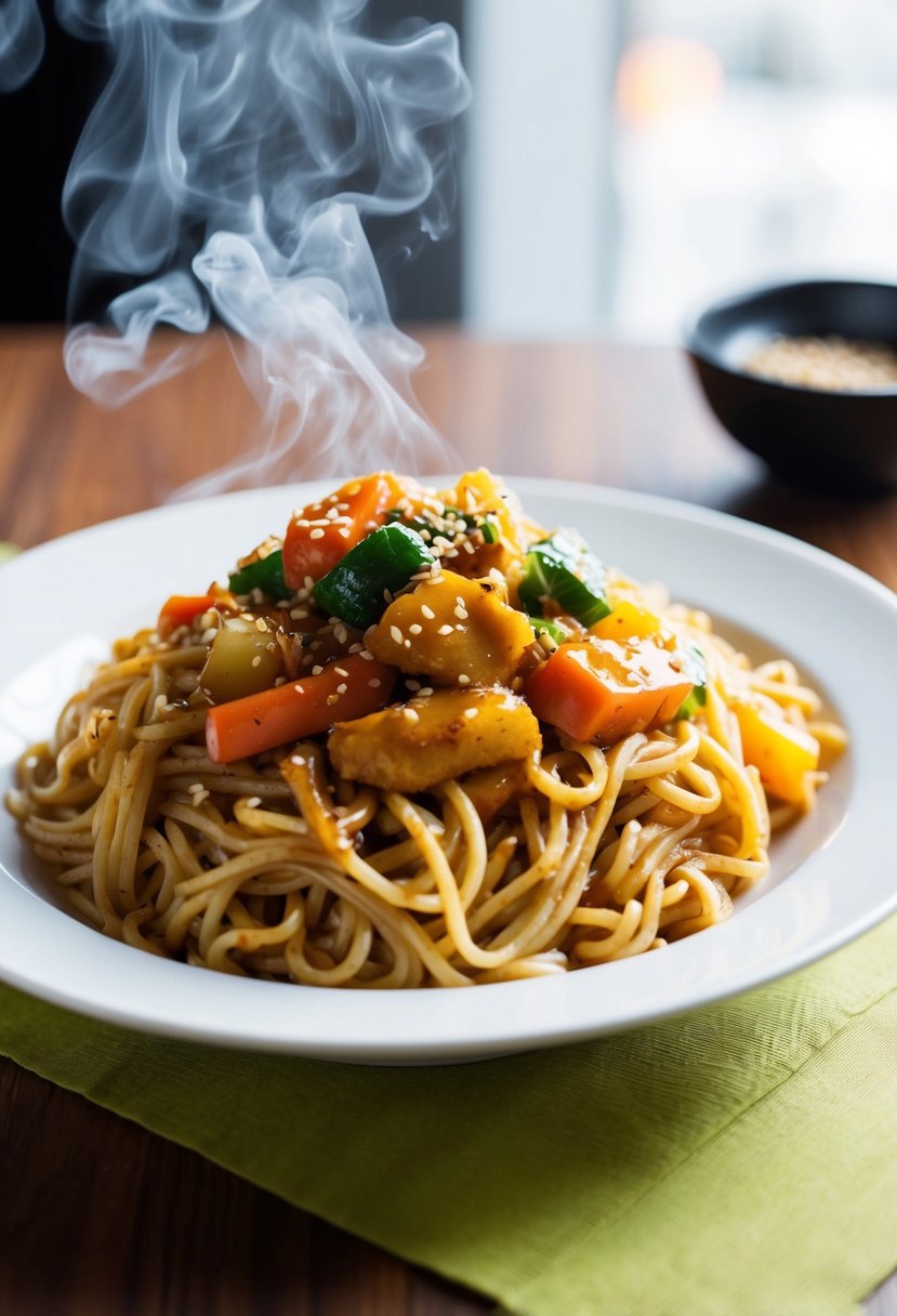 A steaming plate of yakisoba noodles topped with Japanese curry sauce and garnished with colorful vegetables and sesame seeds