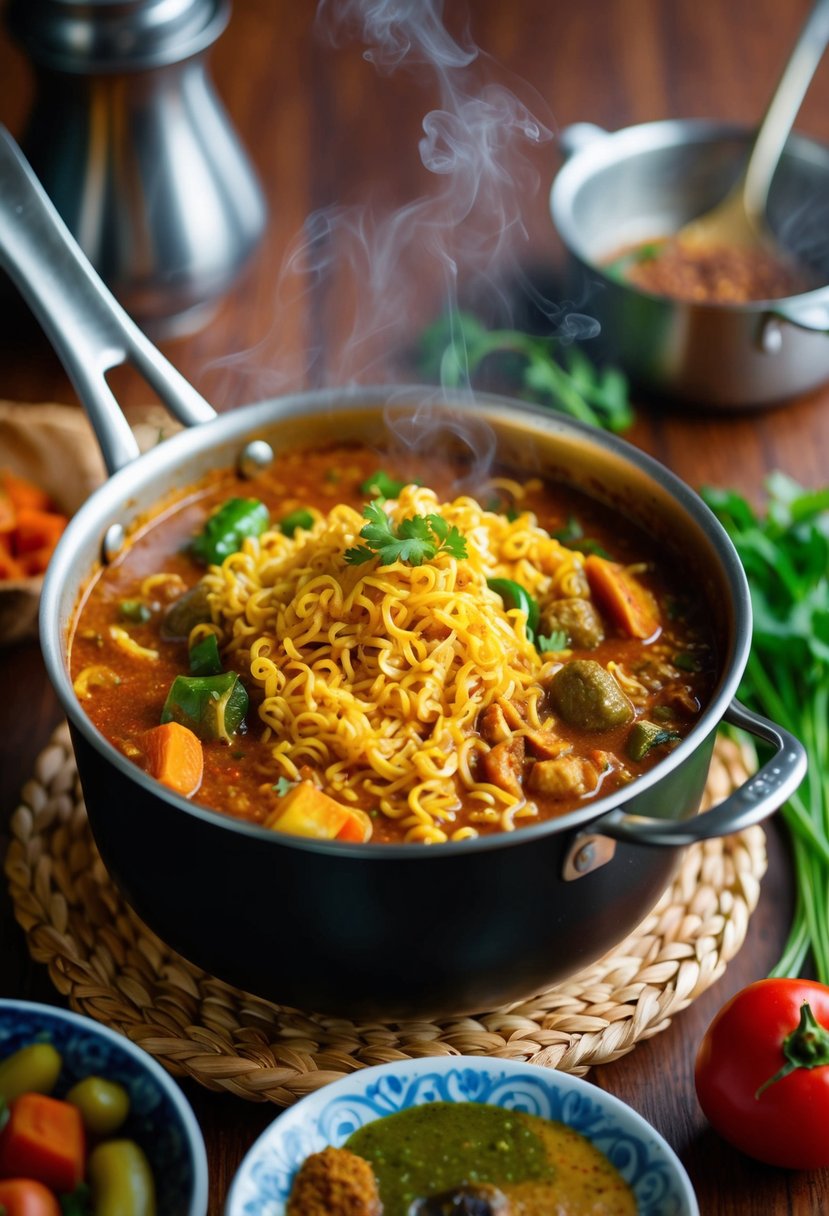 A steaming pot of Indian curry Maggi noodles simmering with aromatic spices and vegetables