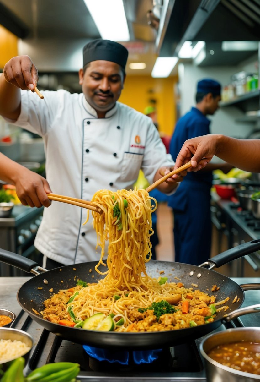 A bustling Sri Lankan kitchen with a chef tossing noodles, vegetables, and spices in a sizzling wok to create a flavorful Kottu Roti noodle curry