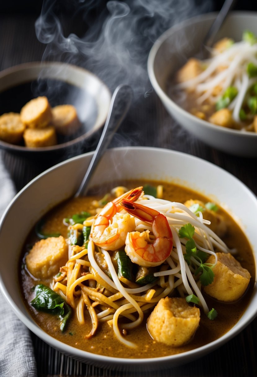 A steaming bowl of Singaporean Curry Mee with a rich coconut curry broth, topped with bean sprouts, tofu puffs, and shrimp