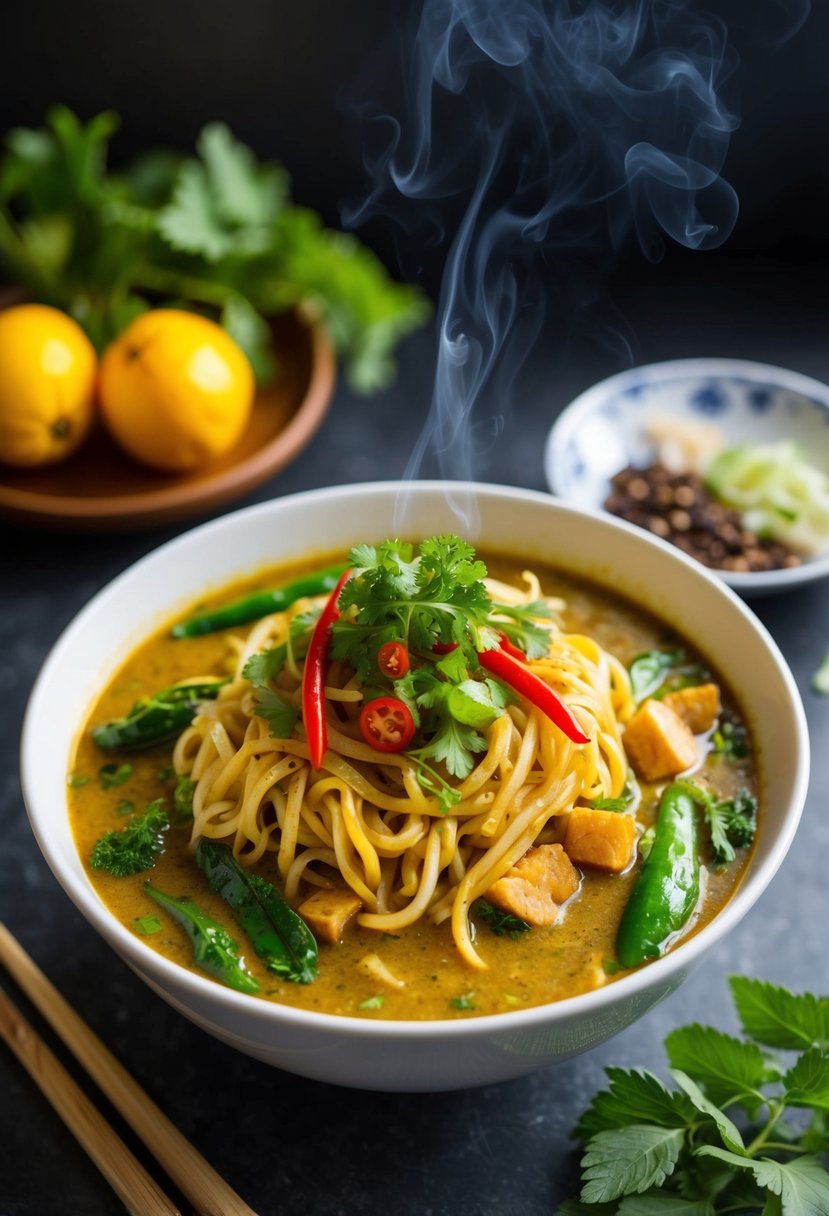 A steaming bowl of Vietnamese Hu Tieu Curry noodles with vibrant spices and herbs