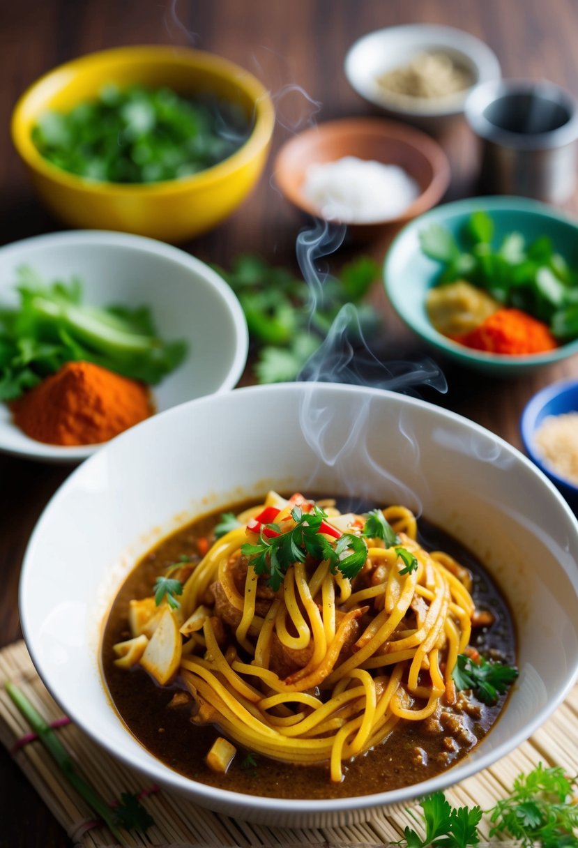 A steaming bowl of Indonesian curry bakmi noodles, surrounded by colorful spices and fresh herbs