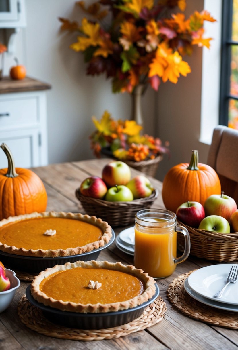 A rustic kitchen table adorned with a pumpkin pie, apple cider, and a basket of freshly picked apples, surrounded by colorful fall foliage