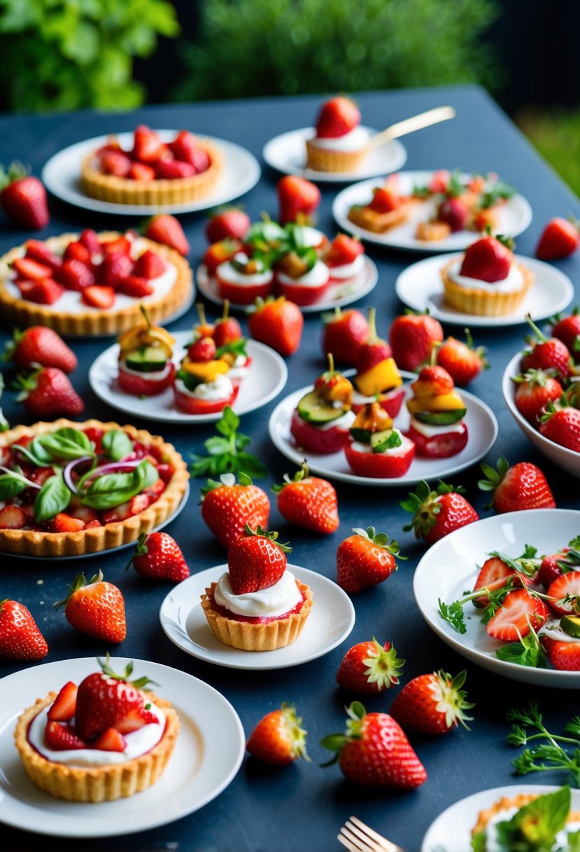 A table spread with various strawberry dishes, including savory tarts, salads, and grilled skewers, surrounded by fresh strawberries and herbs