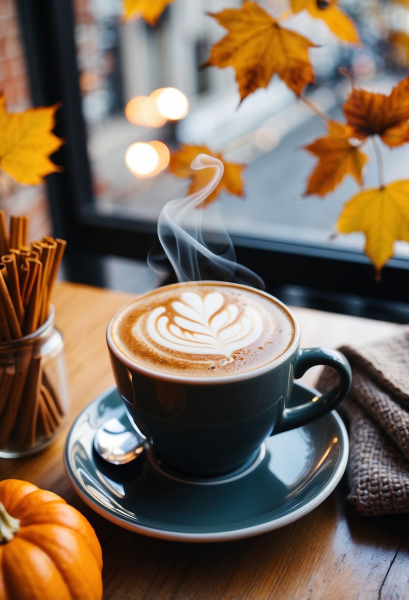 A cozy café table with a steaming pumpkin spice latte, surrounded by autumn leaves and a warm scarf