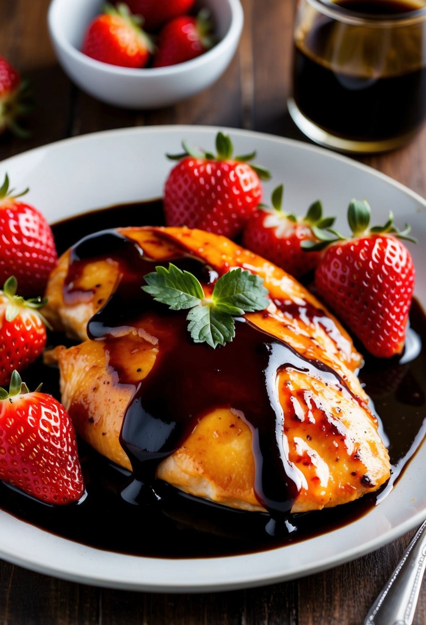 A sizzling chicken breast glazed in a rich, deep red strawberry balsamic sauce, garnished with fresh strawberries and a drizzle of balsamic reduction