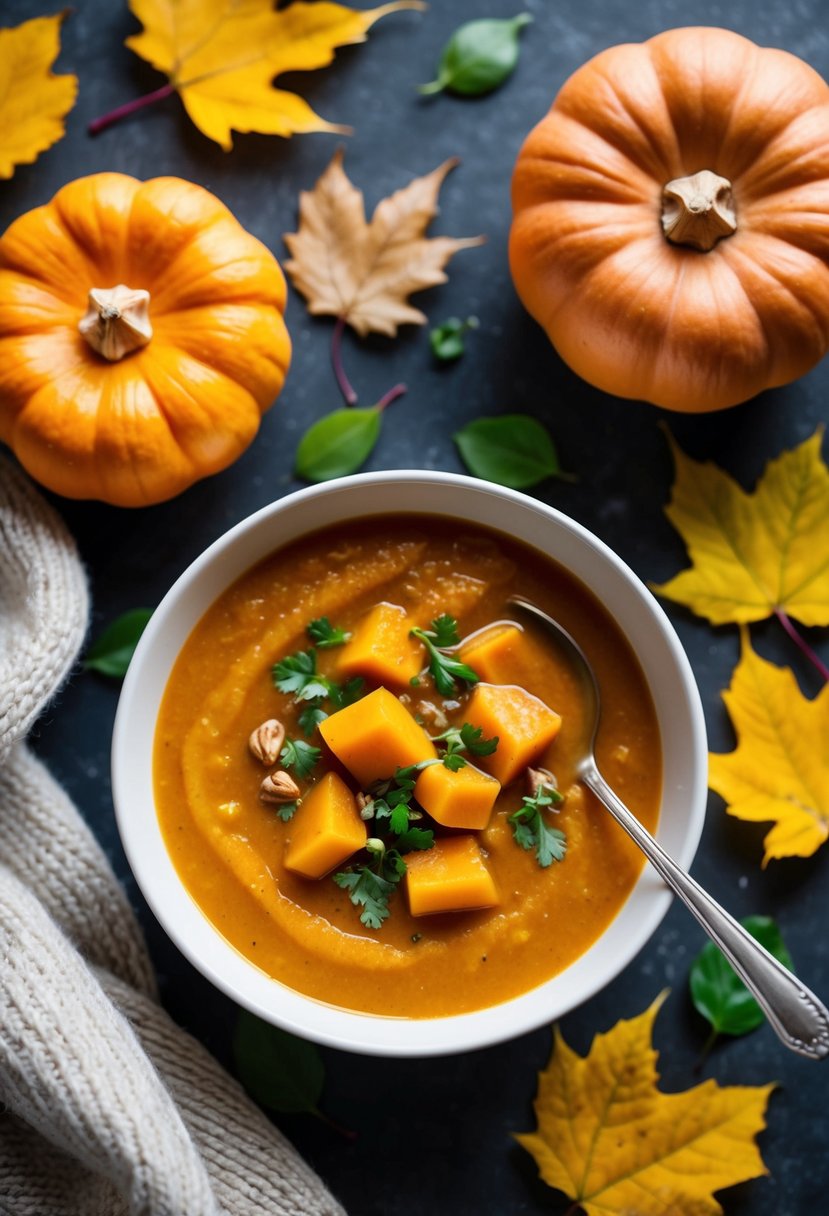 A steaming bowl of butternut squash soup surrounded by autumn leaves and a cozy sweater