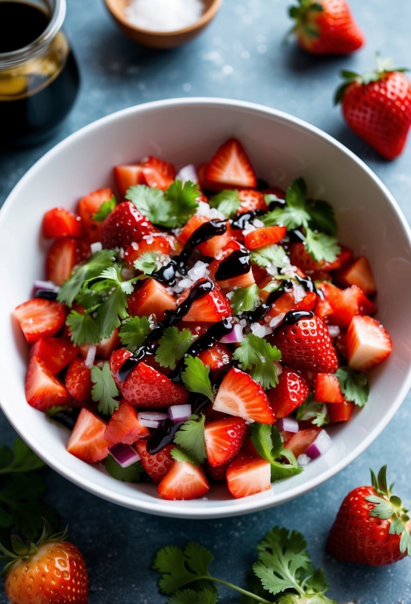 A colorful bowl of diced strawberries, tomatoes, onions, and cilantro mixed together with a drizzle of balsamic vinegar and a sprinkle of salt