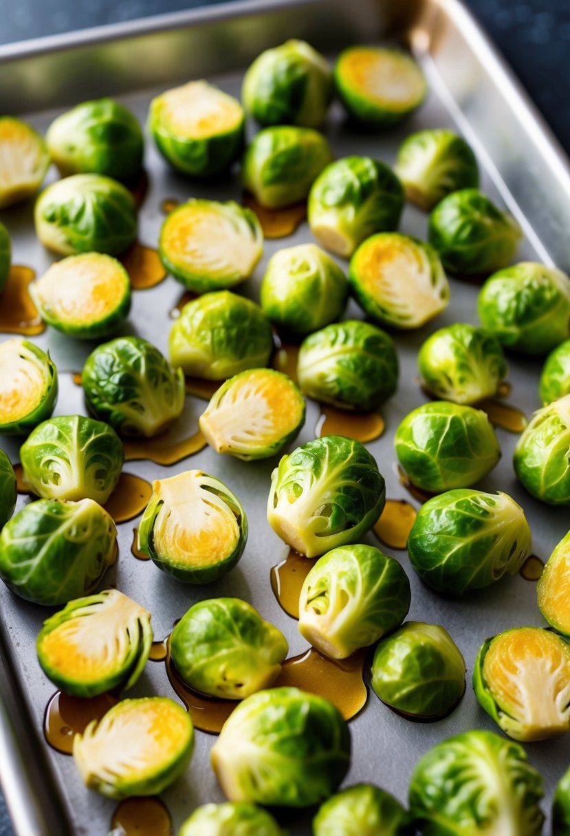 Brussels sprouts arranged on a baking sheet, drizzled with maple syrup, and ready for roasting