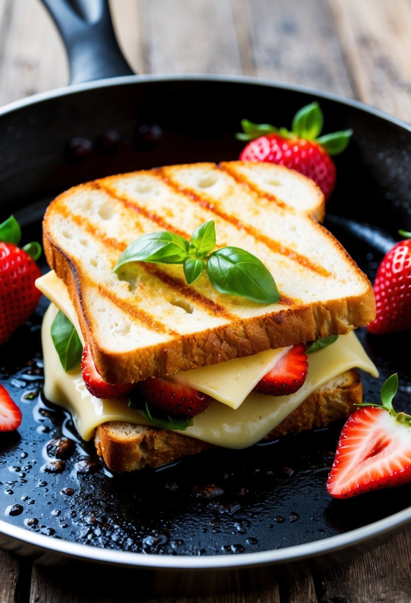 A sizzling grilled cheese sandwich with strawberries and fresh basil on a hot skillet